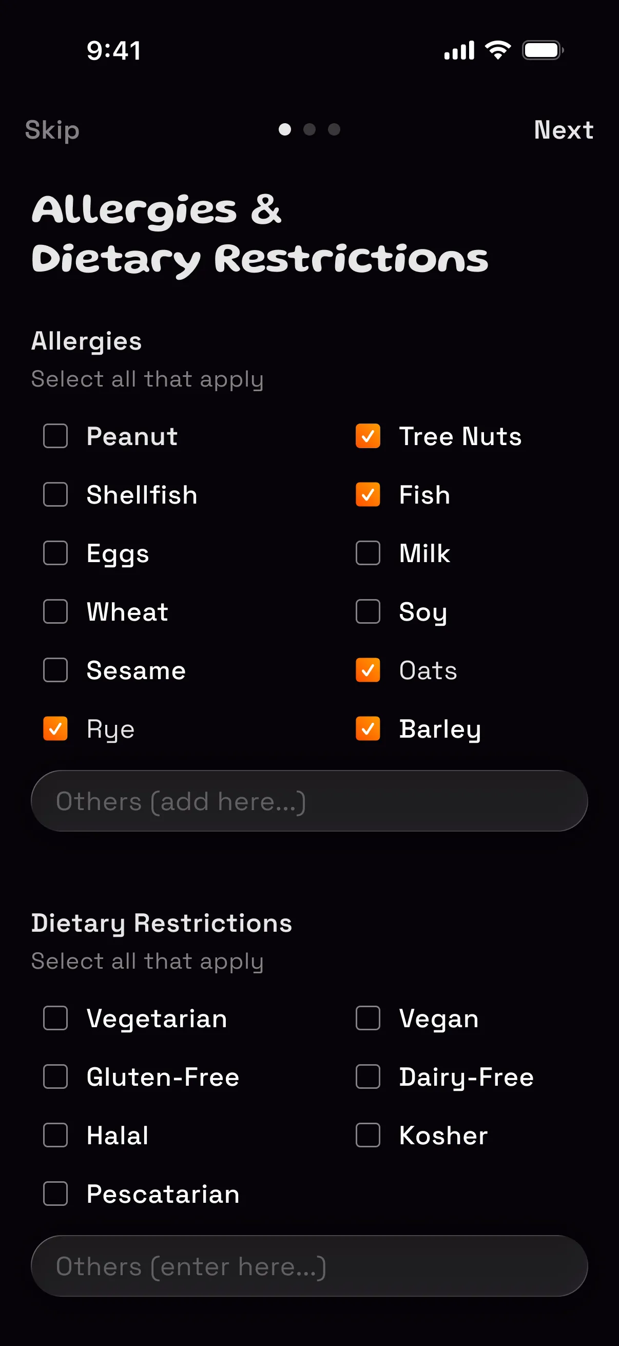 The SpoonTip allergy screen with tree nuts, fish, oats, rye and barley selected