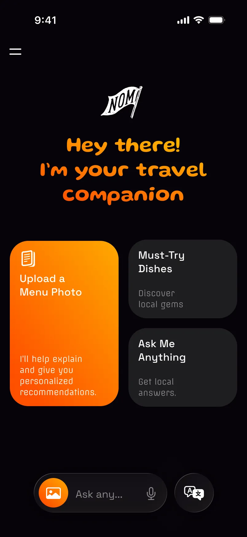 The SpoonTip home screen, offering to scan a menu photo or ask a question